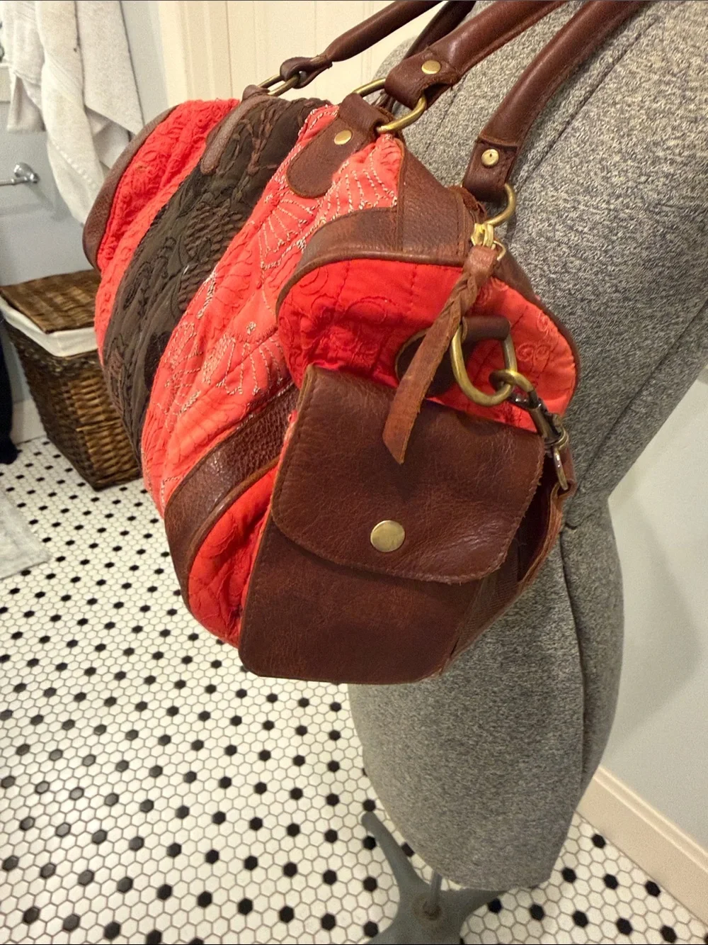 Boho Quilted Red & Orange Shoulder Satchel with Brown Leather Trim